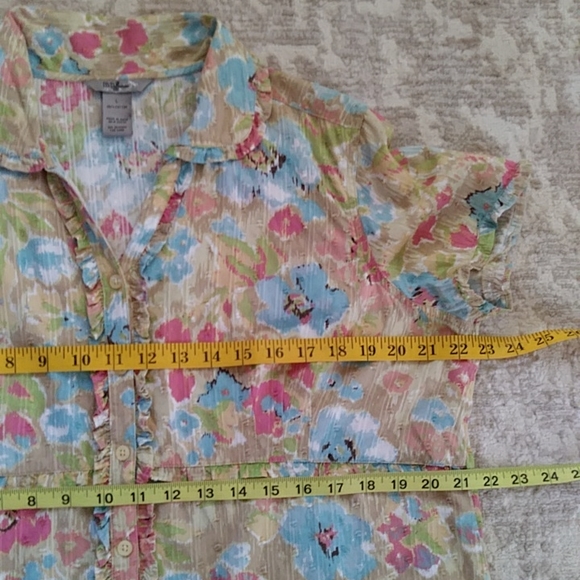 IB Diffusion Floral Ruffle Swiss Dot Button Down Top L Pink Mauve Blue - Picture 14 of 16
